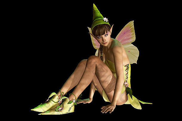 3d CG图形，迷人的仙女戴着尖帽子，蝴蝶翅膀