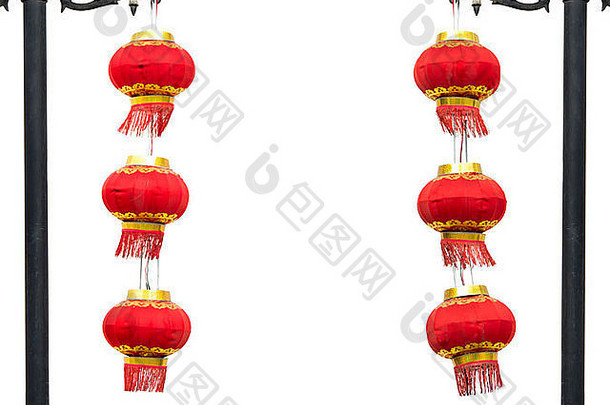 组中国人红色的灯笼挂路灯柱白色背景Adobergb保存不错的红色的颜色显示