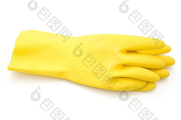 白色隔离的黄色橡胶手套
