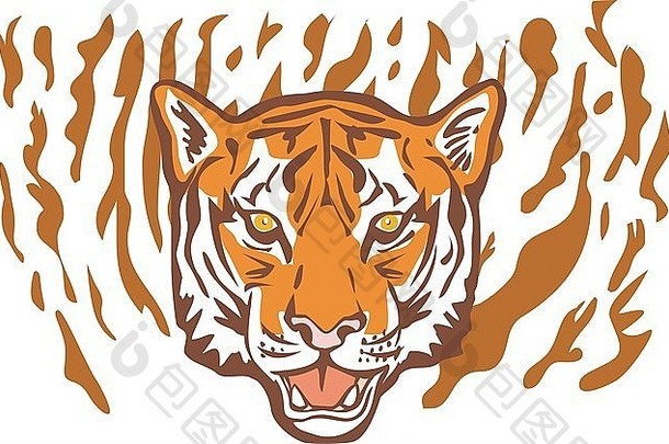 老虎的插图正面有条纹背景