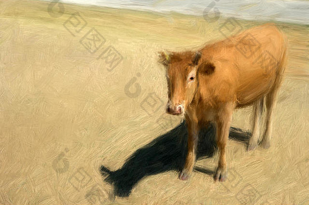 阳光普照的牧场上棕色奶牛的绘画