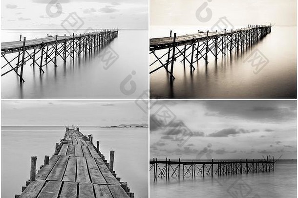 海滩木码头黑白照片拼贴