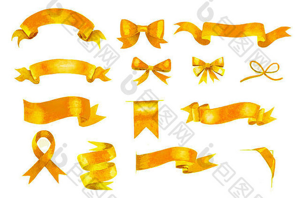 一套手工绘制的金色水彩带和蝴蝶结