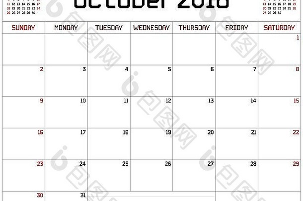 2016年10月的白色月历。使用自定义的直线粗字体。