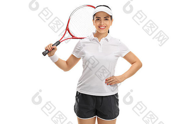 女网球球员球拍孤立的白色背景