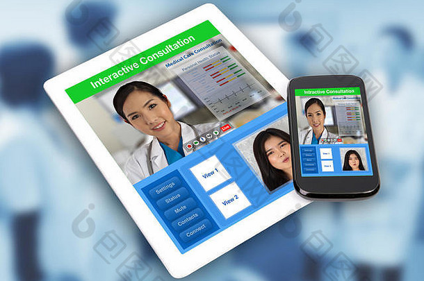 在数字平板电脑和智能手机上显示医生和患者之间的远程医疗咨询。