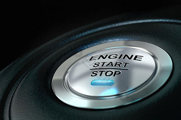 汽车发动机<strong>启动</strong>和停止按钮，蓝色灯光和黑色纹理背景，特写和文字细节