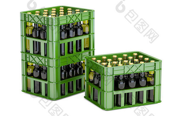 带啤酒瓶的绿色塑料板条箱，在白色背景上隔离3D渲染