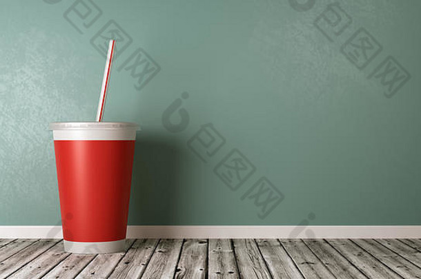 单红色的快食物喝杯稻草木<strong>地板</strong>上蓝色的墙复制空间插图