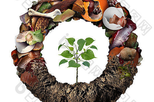 堆肥生命周期符号和堆肥阶段系统概念为一堆腐烂的厨房水果、蛋壳、骨头和蔬菜食物残渣，形状为圆形，底部为土壤，树苗正在生长。