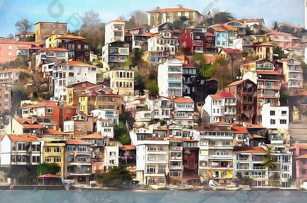 伊斯坦布尔的城市风光从水上画得五颜六色，看起来像一幅画