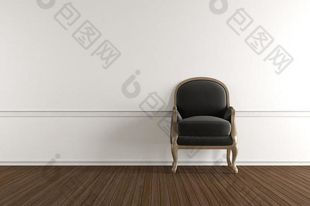 白色房间，木地板上有经典扶手椅-3d渲染