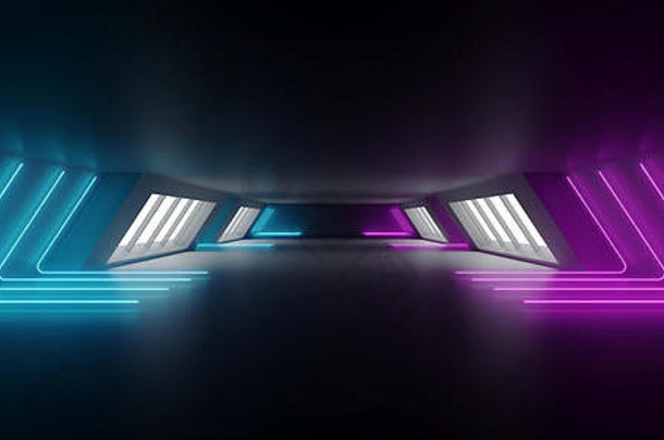 现代未来主义科幻外星飞船反射式黑暗空旷的长走廊<strong>隧道</strong>，带有白色大窗户和紫<strong>蓝色</strong>三角形霓虹灯