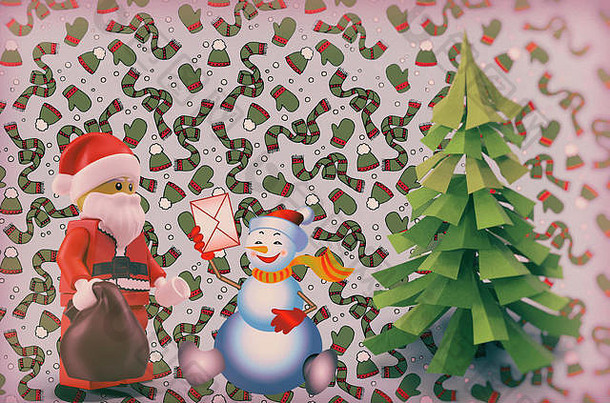 圣诞节问候圣诞老人老人雪人圣诞节树背景冬天象征意义呈现