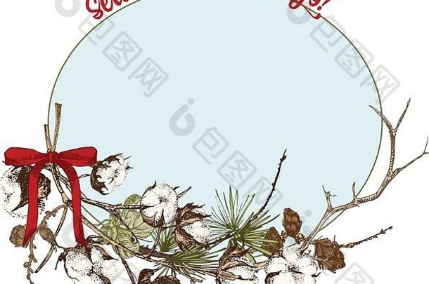 手绘植物素描花环，带有圣诞植物枝。复古雕刻风格。传统节日装饰。节日贺卡的设计