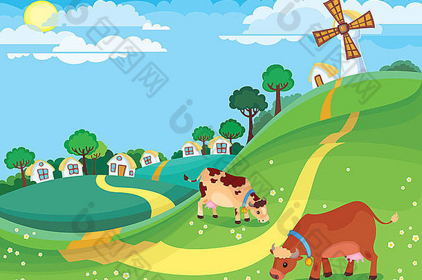 农村景观放牧牛草地