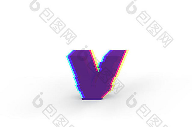 3D真的小故障小写字母v，在白色背景上隔离软阴影-文件上的路径选择。