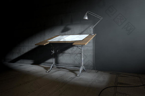 一张复古的draft mans办公桌的3D<strong>效果图</strong>，带有一盏经典台灯和一张空白纸，背景为暗<strong>室</strong>