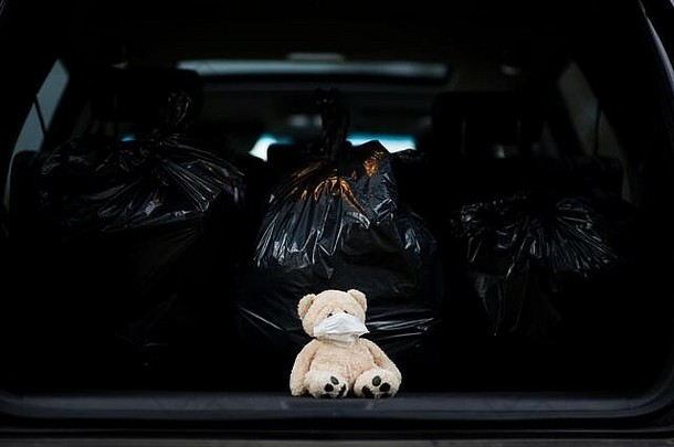 戴着医用面罩的泰迪熊和车上的垃圾袋