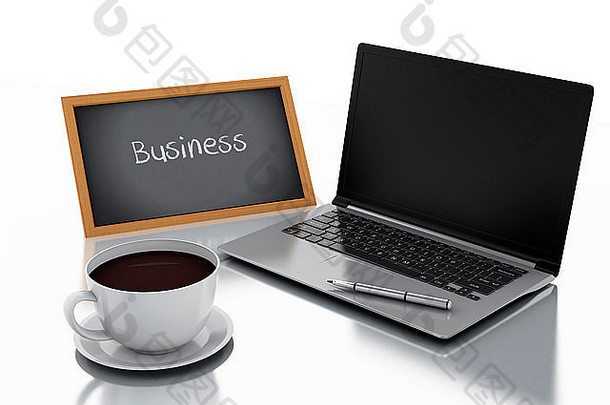 3d渲染器插图。一杯咖啡、笔记本电脑和黑板，白色背景上隔离商务文本