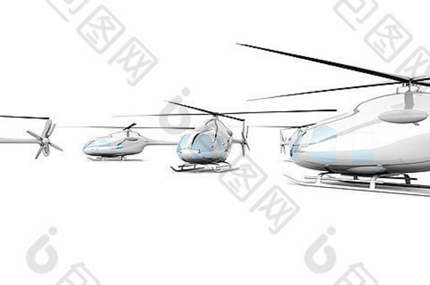 集团直升机呈现插图孤立的白色