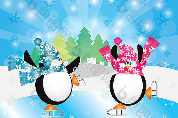 圣诞节企鹅一对数字冰滑冰冰溜冰场冬天场景树雪花太阳射线背景插图