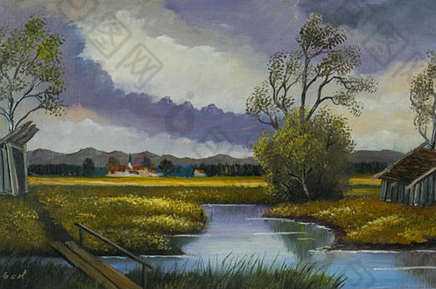 用油画描绘河流和木桥的风景