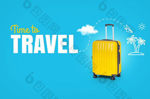 概念旅行与文本时间旅行。蓝色背景上的亮黄色手提箱。旅游图标。棕榈树、飞机、太阳。