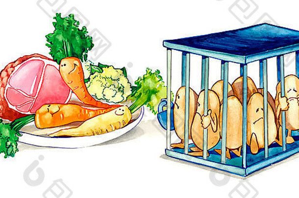 幽默的绘画插图蔬菜肉被判入狱土豆