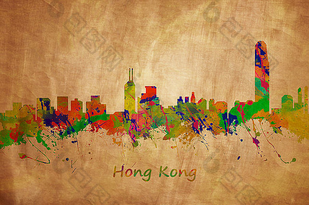香港天际线水彩艺术版画