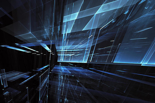 抽象未来技术背景-计算机生成的三维图像。分形艺术：具有灯光效果的超现实城市的玻璃房间或街道。高科技或