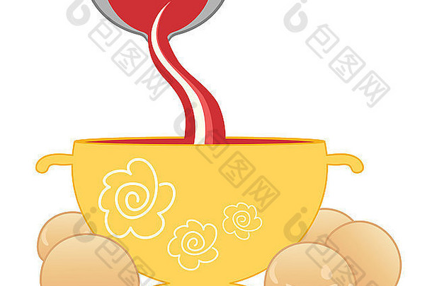 插图拉德尔倒番茄汤黄色的装饰碗一个易怒的面包面包白色背景