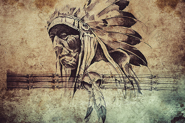 美洲印第安部落首席战士纹身素描
