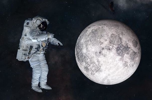 宇航员与月球。太阳系科幻小说
