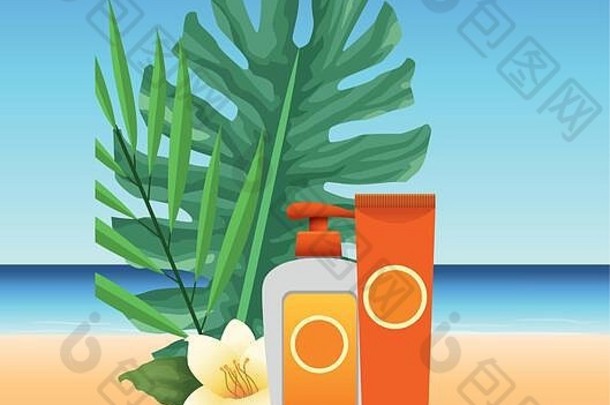 夏天时间海滩假期防晒霜瓶花叶子异国情调的