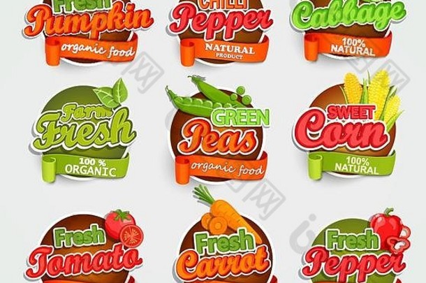 新鲜西红柿、南瓜和胡椒、豌豆、卷心菜、胡萝卜、甜玉米、商标字体印刷食品标签或贴纸。农民市场的概念。