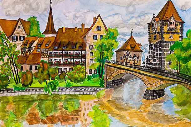 手绘画，水彩画，德国纽伦堡市。