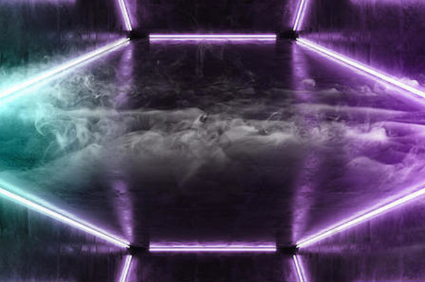 霓虹灯紫外舞灯夜总会闪耀着鲜艳的紫粉蓝烟雾空旷黑暗的展厅反射垃圾混凝土3D渲染插图