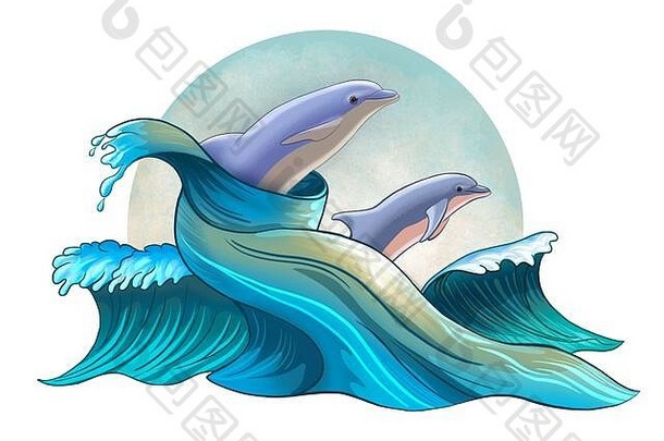 一些海豚在波浪间跳跃。数字插图。