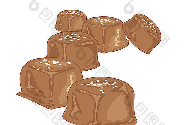 插图块焦糖糖果巧克力涂层撒上海盐白色背景