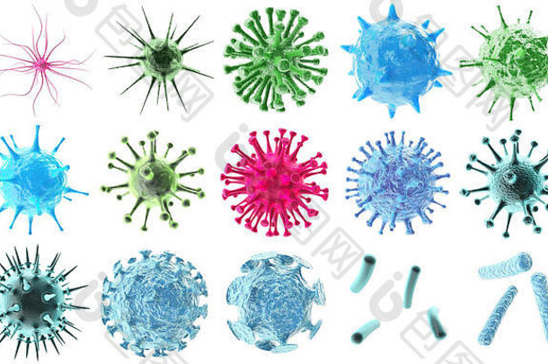 呈现病毒细菌图标集摘要美丽的微生物色彩斑斓的细胞微生物病毒分子细菌对象集孤立的黑色的背景
