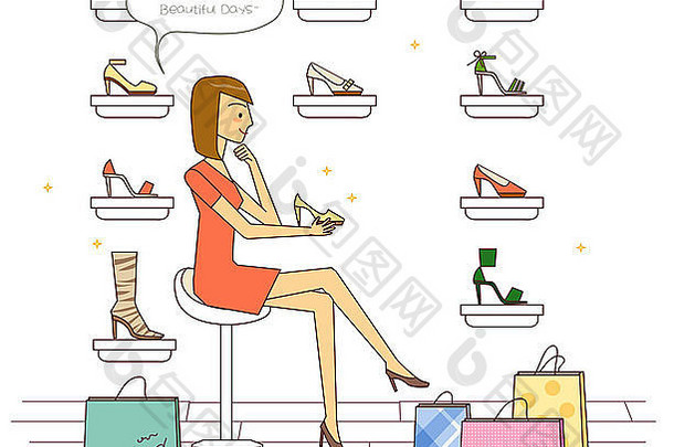 带着购物袋坐在鞋店的女人