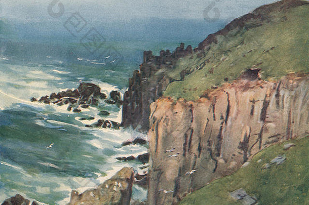 土地的尽头。悬崖和大海的海岸景观。康沃尔。G.F.尼科尔斯著，1915年