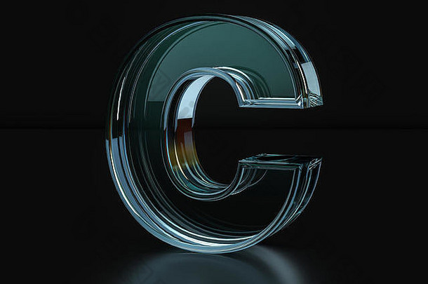 黑色背景上的玻璃字母C。三维插图。