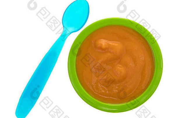 前视图服务香蕉胡萝卜芒果婴儿食物绿色碗蓝色的勺子一边孤立的白色背景