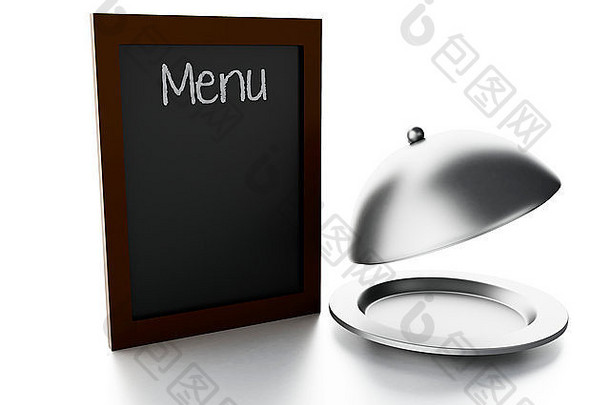 空白菜单板和服务cloche的3d插图，隔离的白色背景
