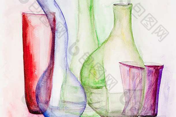 温柔的彩色的玻璃花瓶生活水彩画手工制作的艺术插图