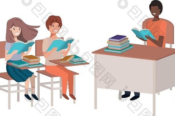 老师和学生一起在教室里读书
