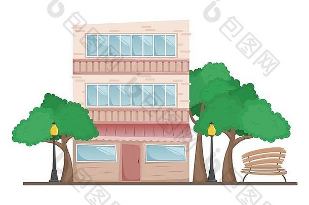 砖砌低层建筑，一楼有一家商店，有树，长凳上有灯笼。单独的插图。