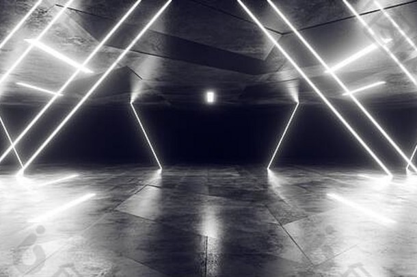 霓虹灯电网络停车激光sci未来主义的走廊阶段白色发光的三角形形状的弧混凝土反光地板上外星人显示事件执行